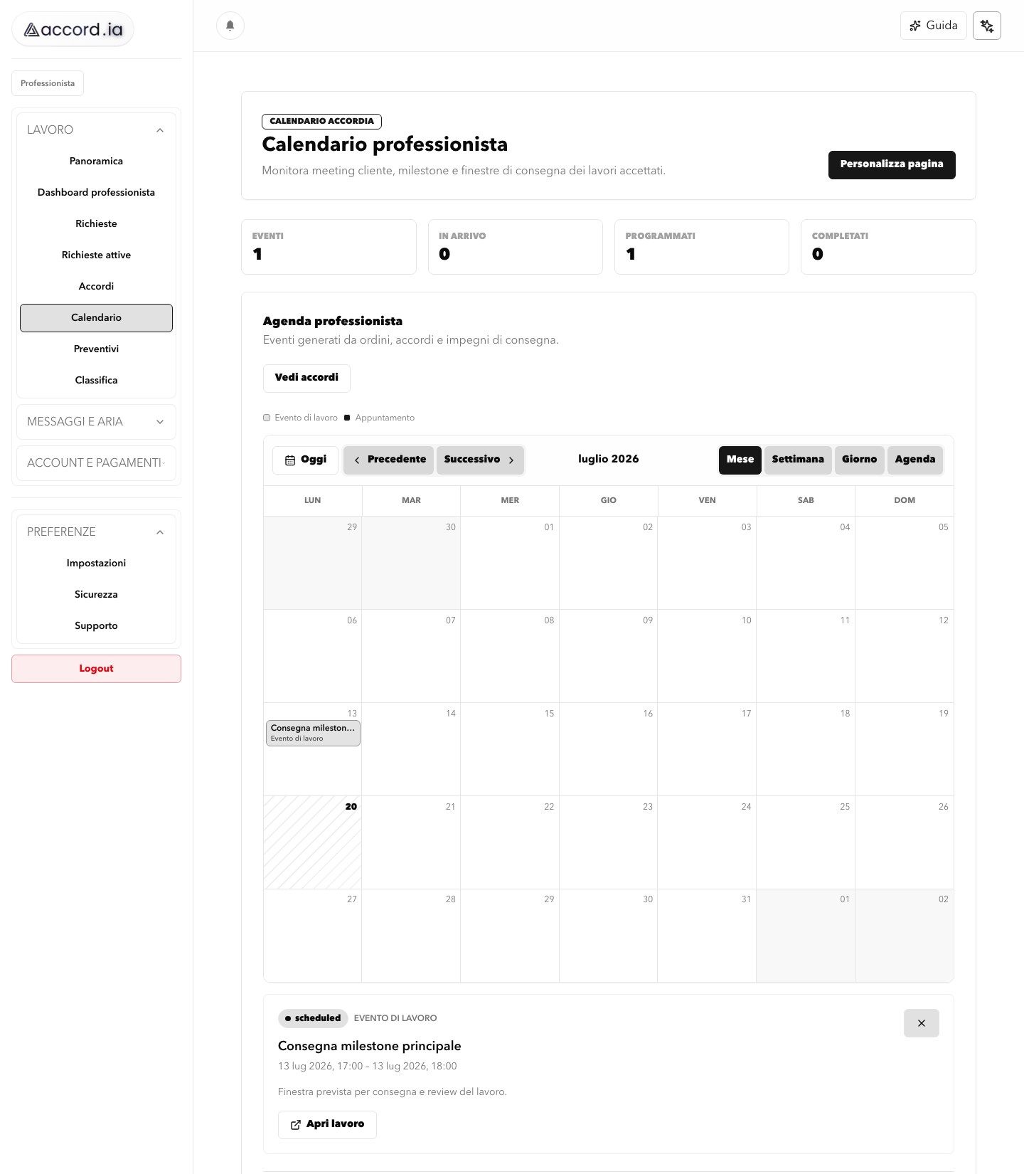 Real Accord.ia screen showing an inline milestone detail in the professional calendar.