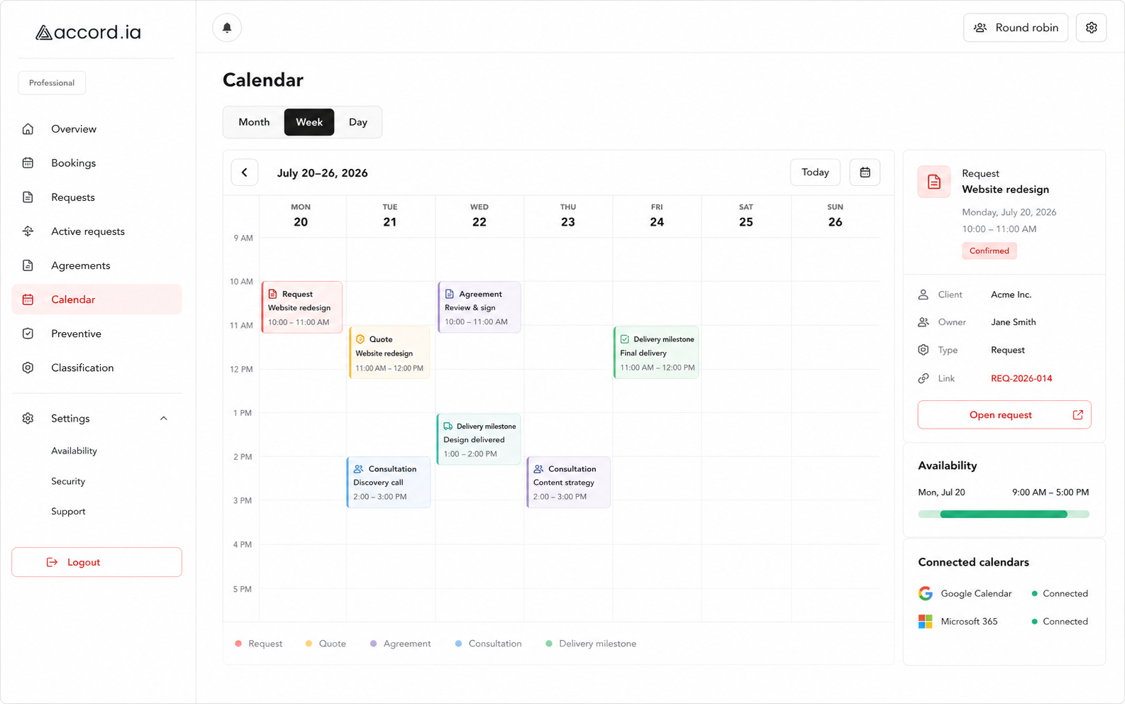 Accord.ia product visual with a weekly calendar, availability, Google Calendar, Microsoft 365, and events linked to a request, quote, and agreement.
