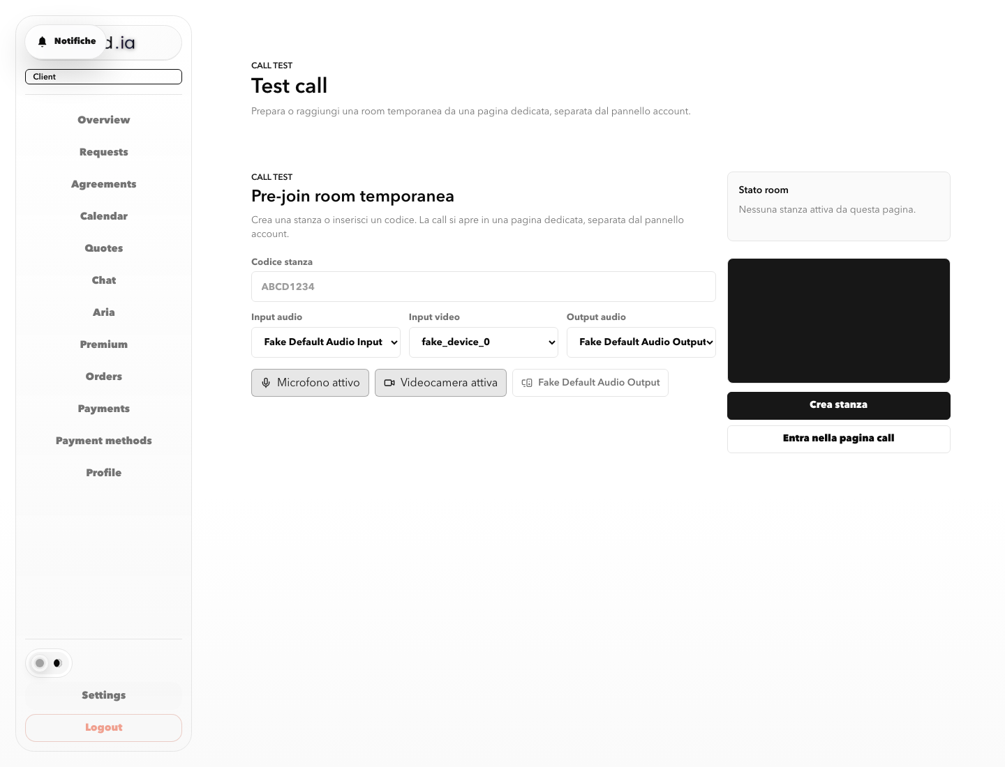 Real Accord.ia screen for selecting microphone, camera, and audio output before a video call.