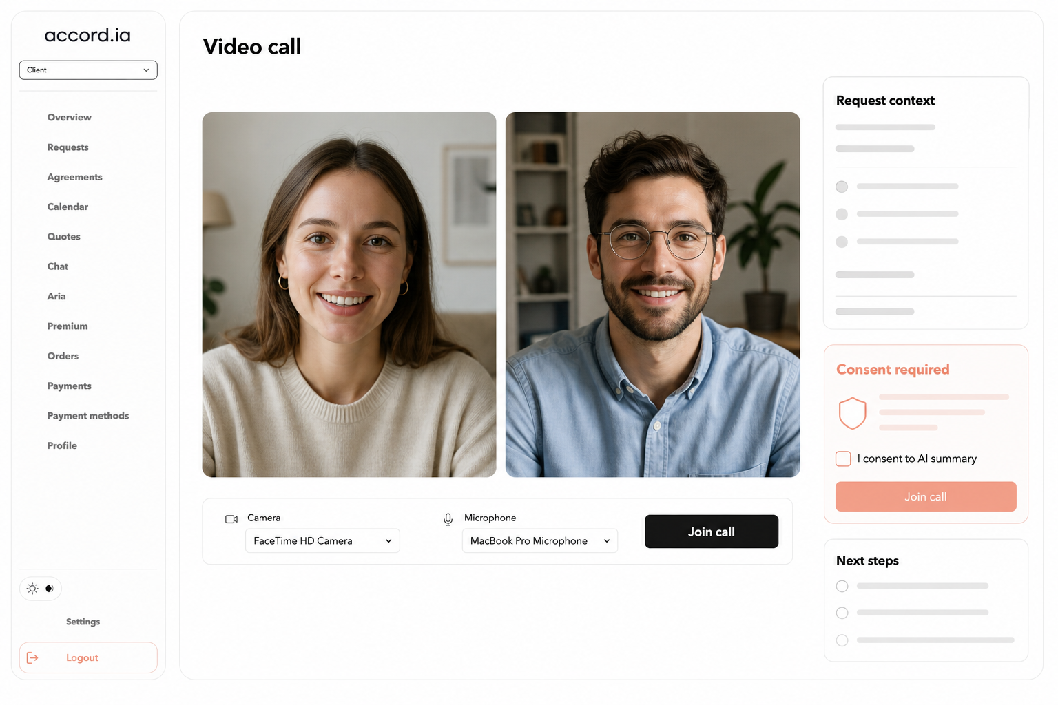 Accord.ia product visual with two video-call participants, request context, consent for the AI summary, and next steps.